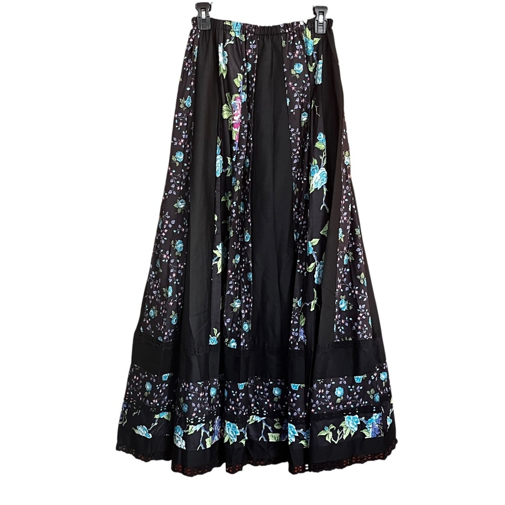 VTG Carefree Fashions Black Multi Floral Panel Lace Trim Peasant Maxi Skirt SZ S